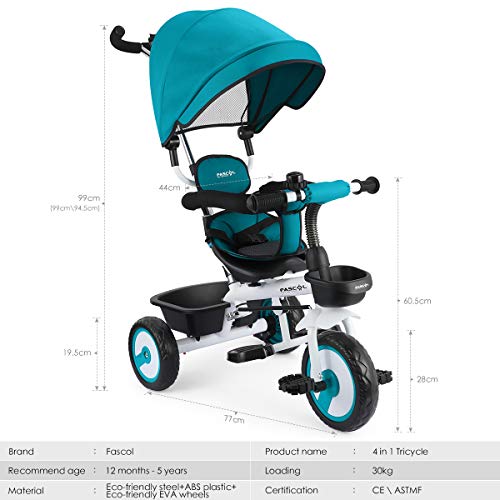 Fascol 4 en 1 Triciclo para Niños con Asiento Giratorio Adecuado para Mayores de 12 Meses - 5 años Capacidad de Carga 30KG (Azul)