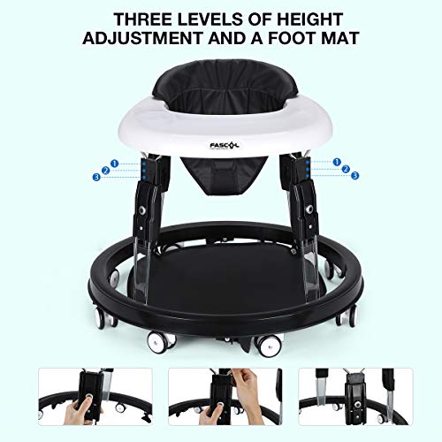 Fascol Andador Bebé con 8 Ruedas Universales, Marco 3 Alturas Regulables y Asiento Ajustable, Tacatas para Bebes Mayores de 8 Meses, Plegable con Plato Desmontable, Negro