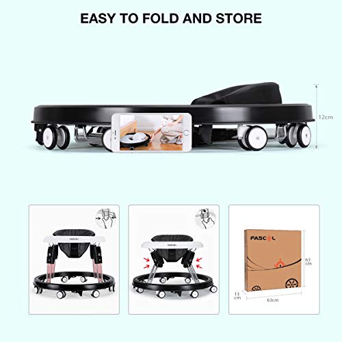 Fascol Andador Bebé con 8 Ruedas Universales, Marco 3 Alturas Regulables y Asiento Ajustable, Tacatas para Bebes Mayores de 8 Meses, Plegable con Plato Desmontable, Negro Fascol Andador Bebé con 8 Ruedas Universales, Marco 3 Alturas Regulables y Asiento Ajustable, Tacatas para Bebes Mayores de 8 Meses, Plegable con Plato Desmontable, Negro