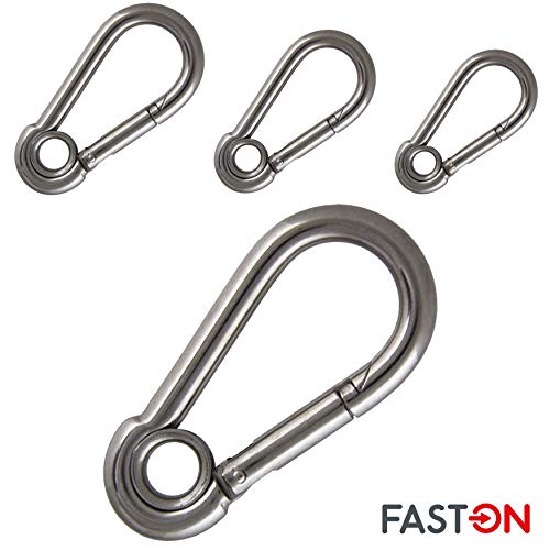 FASTON Mosquetón de acero inoxidable 5 x 50 (2 unidades) con guardacabos de acero inoxidable, V4A, mosquetón de bomberos, gancho para camping y vela