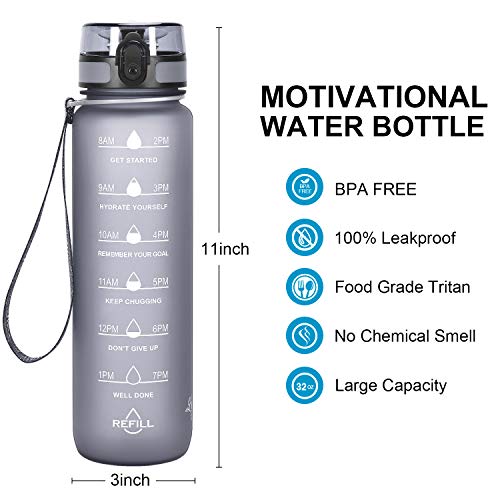 Favofit 1 Litro Botella de agua deportiva con marcador de tiempo motivacional, filtro de infusor de frutas y cepillo de limpieza, a prueba de fugas, plástico Tritan sin BPA, Gris