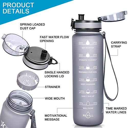 Favofit 1 Litro Botella de agua deportiva con marcador de tiempo motivacional, filtro de infusor de frutas y cepillo de limpieza, a prueba de fugas, plástico Tritan sin BPA, Gris