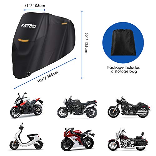 Favoto Funda para Moto Cubierta de la Motocicleta 210T Protectora Poliéster con Banda Reflectante a Prueba de UV Agua Lluvia Polvo Viento Nieve Excremento de Pájaro al Aire Libre XXXL 265cm Negro