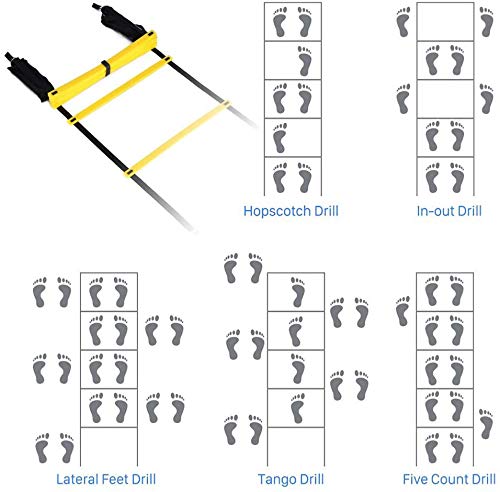 FBSPORT Escalera de Agilidad, Escalera de Coordinación,Escalera de Fútbol, Entrenamiento de Fútbol para Niños,Adultos,Entrenamiento de Velocidad de Fútbol,6 m,12 Peldaños,Ajustable,Amarillo