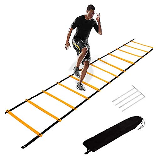 FBSPORT Escalera de Agilidad, Escalera de Coordinación,Escalera de Fútbol, Entrenamiento de Fútbol para Niños,Adultos,Entrenamiento de Velocidad de Fútbol,6 m,12 Peldaños,Ajustable,Amarillo