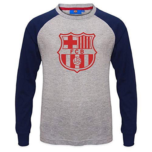 FC Barcelona - Camiseta oficial con mangas raglán - Para niños - Con el escudo del club - Gris - 10-11 años