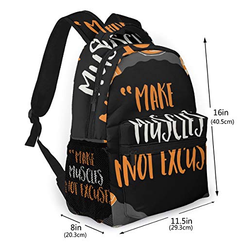 FDFCSD Mochilas Escolares, Músculos no Excusas Pantalla de Frase Mochila Hombre Mujer Casual Mochila para Portatil 14 Pulgadas Mochila Universidad Resistente Mochila Instituto