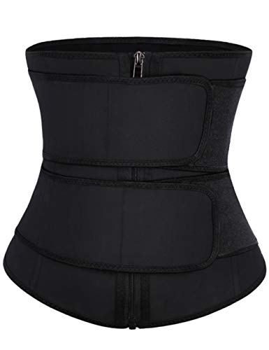 FeelinGirl Mujer Corsé Caucho con Cinturón con Bolsillo Interior Entrenador de Cintura Faja Lumbar Reductora con 7 Huesos Aceros Underbust con Cremallera y Velcro Waist Trainer Negro XXS/Talla 32