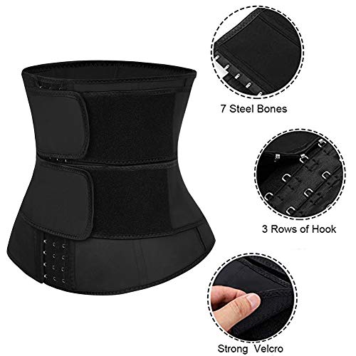 FeelinGirl Mujer Corsé Caucho con Cinturón con Bolsillo Interior Entrenador de Cintura Faja Lumbar Reductora con 7 Huesos Aceros Underbust con Ganchos y Velcro Waist Trainer Negro XXL/Talla 46