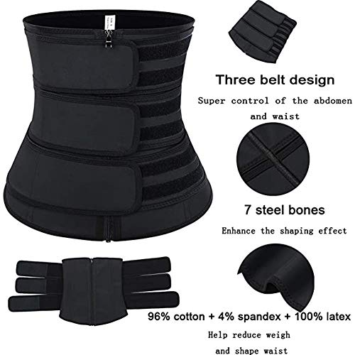 FeelinGirl Mujer Corsé Caucho con Cinturón Triple 7 Huesos Aceros Entrenador de Cintura Faja Lumbar Reductora Underbust con Cremallera y Velcro Waist Trainer Negro XXL/Talla 44