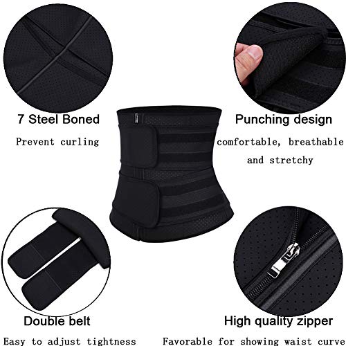 FeelinGirl Mujer Corsé Látex con Cinturones Ajustables Entrenador de Cintura Faja Lumbar Reductora con 7 Huesos Aceros Underbust con Cremallera y Velcro Waist Trainer Negro S/Talla 38