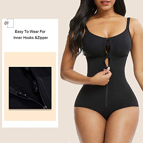 FeelinGirl Mujer Faja Reductora con Tirantes Ajustables Cubre Busto Cremallera Frontal Corset de Cuerpo Completo Braga Moldeadora Shapewear Overbust Body Shaper Gran Tamaño Negro S/Talla 36-38