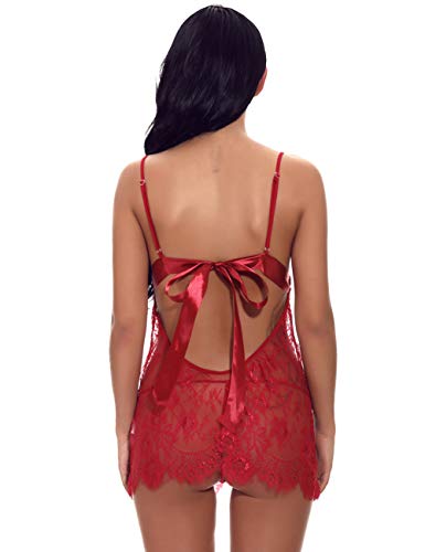 FeelinGirl Mujer Ropa Sexy Interior Femenina Babydoll de Encaje Camisón y Tanga Estimulante Rojo M