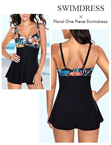 FeelinGirl Mujer Traje de Baño Falda Elegante Estampado Conjuntos de 1 Pieza Sexy Deportivo Talla Grande con Braga Bañador Negro 4XL:Talla-50