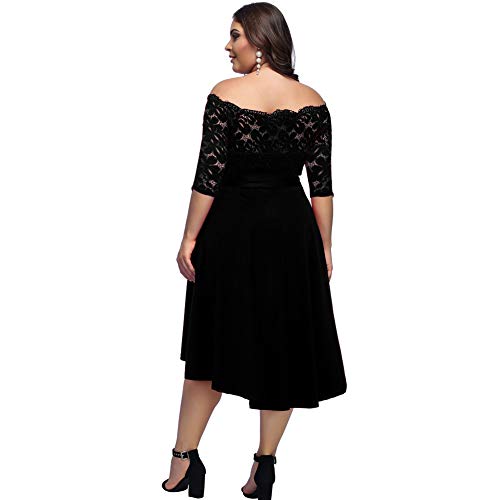 FeelinGirl Mujer Vestido de Noche Encaje Largo Traje Talla Extra Grande Cóctel un Hombro con Cinturilla Negro 4XL/Talla 52-54