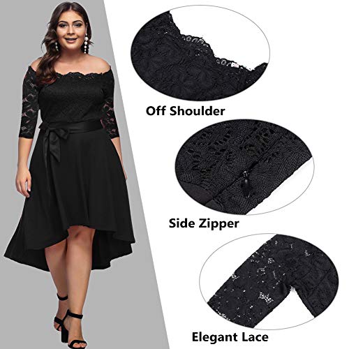 FeelinGirl Mujer Vestido de Noche Encaje Largo Traje Talla Extra Grande Cóctel un Hombro con Cinturilla Negro 4XL/Talla 52-54