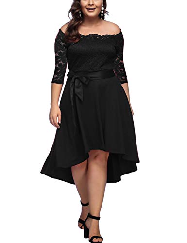 FeelinGirl Mujer Vestido de Noche Encaje Largo Traje Talla Extra Grande Cóctel un Hombro con Cinturilla Negro 4XL/Talla 52-54