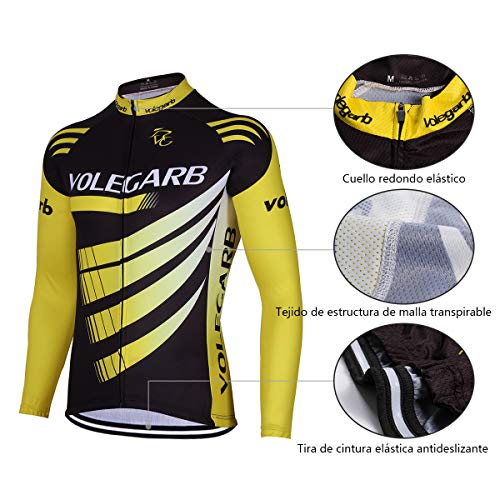 Feilaxleer Ropa Ciclismo Otoño/Invierno/Primavera para Hombre y Mujer - Ciclismo Maillot MTB de Manga Larga y Culotte Pantalones Acolchado 3D (Amarillo,XL)