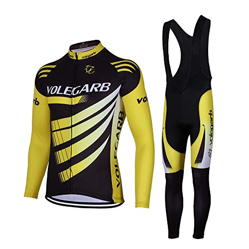 Feilaxleer Ropa Ciclismo Otoño/Invierno/Primavera para Hombre y Mujer - Ciclismo Maillot MTB de Manga Larga y Culotte Pantalones Acolchado 3D (Amarillo,XL)