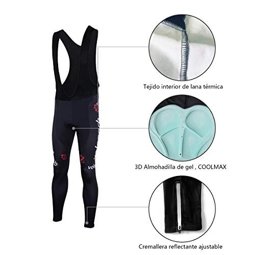 Feilaxleer Ropa Ciclismo Térmico Invierno para Hombre y Mujer - Ciclismo Maillot MTB de Manga Larga de Lana y Culotte Pantalones Acolchado 3D (Negro,XL)