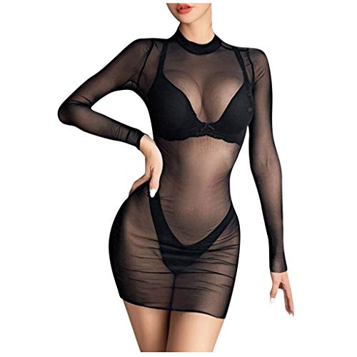 FELZ Picardias Sexy Mujer Eroticas Tops Cortos de Manga Larga Transparentes de Malla para Mujer Mini Vestido Casual Clubwear Picardias Mujer Sexy Tallas Grandes