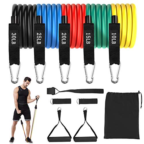 Femor Bandas de Resistencia, Bandas Elásticas de Musculacion, Conjunto de 5 Bandas de Fitness, Apilables hasta 100 LB / 150 LB con Asas, Correas de Tobillo, Ancla de Puerta, Bolsa de Transporte