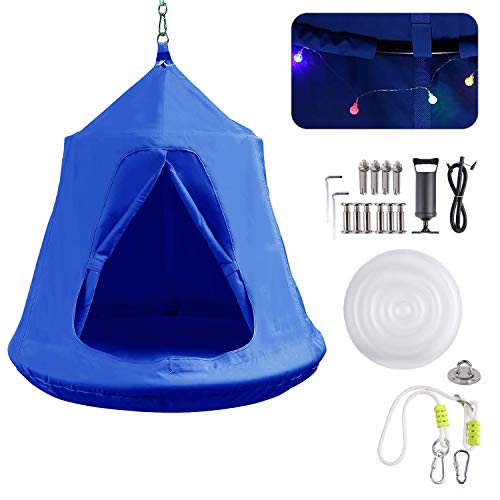 Femor Columpio Tienda Colgante Impermeable, Hamaca Silla para Niños con Luces LED y Cojín de Aire, Carga Máxima de 100kg, 10*120 cm (Azúl)