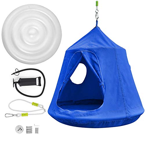 Femor Columpio Tienda Colgante Impermeable, Hamaca Silla para Niños con Luces LED y Cojín de Aire, Carga Máxima de 100kg, 10*120 cm (Azúl)