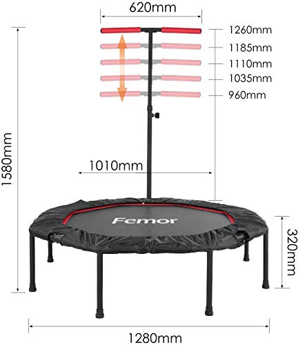 Femor Trampolín Fitness Plegable, Ø127 cm, con Mango Ajustable en Altura de 5 Vías, incluida la Cubierta del Borde, con Cuerdas de Goma Peso Máximo 150 kg Femor Trampolín Fitness Plegable, Ø127 cm, con Mango Ajustable en Altura de 5 Vías, incluida la Cubierta del Borde, con Cuerdas de Goma Peso Máximo 150 kg