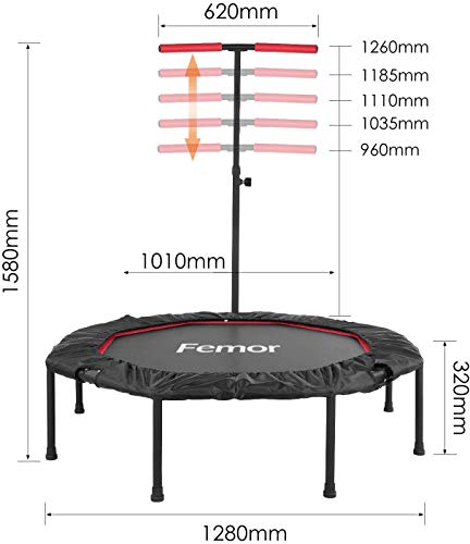 Femor Trampolín Fitness Plegable, Ø127 cm, con Mango Ajustable en Altura de 5 Vías, incluida la Cubierta del Borde, con Cuerdas de Goma Peso Máximo 150 kg