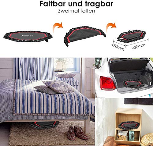 Femor Trampolín Fitness Plegable, Ø127 cm, con Mango Ajustable en Altura de 5 Vías, incluida la Cubierta del Borde, con Cuerdas de Goma Peso Máximo 150 kg Femor Trampolín Fitness Plegable, Ø127 cm, con Mango Ajustable en Altura de 5 Vías, incluida la Cubierta del Borde, con Cuerdas de Goma Peso Máximo 150 kg