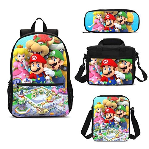 FENGHU Mochila de Dibujos Mario 4pcs 3D Super Mario Bros Anime School Bag Set Niños Mujeres Hombres con lonchera Estuche para lápices Mocila Infantil Escolar