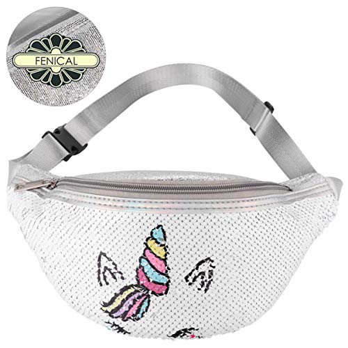 Fenical Riñonera con lentejuelas unicornio dibujos animados riñonera con lentejuelas cinturón femenino riñonera para entrenamiento fitness - blanco