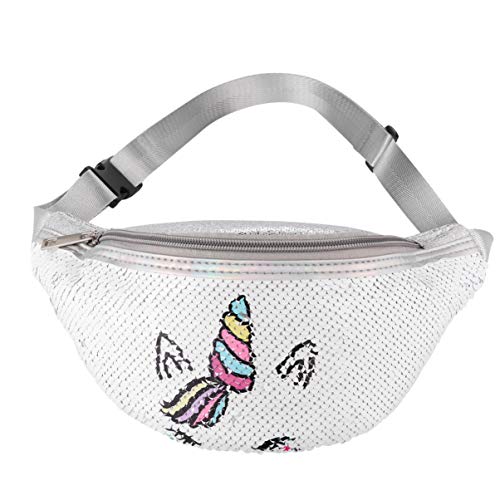 Fenical Riñonera con lentejuelas unicornio dibujos animados riñonera con lentejuelas cinturón femenino riñonera para entrenamiento fitness - blanco