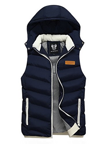 FEOYA - Chaqueta de Pluma sin Mangas para Hombre Invierno Nuevo con Capucha Chaleco Algodón de Plumón Sudadera Color Puro - Azul Marino - S