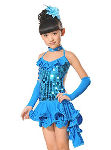 FEOYA - Niña Baile Vestido de Danza Latina con Lentejuelas Volante - Azul -Talla 10-11 años 145-155cm