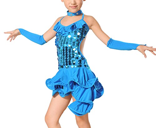 FEOYA - Niña Baile Vestido de Danza Latina con Lentejuelas Volante - Azul -Talla 10-11 años 145-155cm