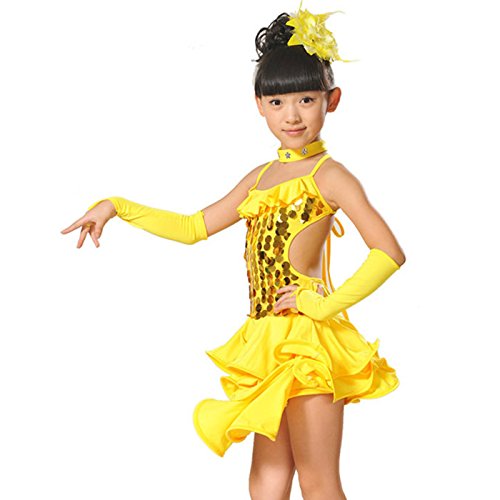 FEOYA - Ropa Baile Latino Niñas Lentujuelas para Danza Deportivo Tango de Gasa - Amarillo - Talla 7 años 125-135cm FEOYA - Ropa Baile Latino Niñas Lentujuelas para Danza Deportivo Tango de Gasa - Amarillo - Talla 7 años 125-135cm