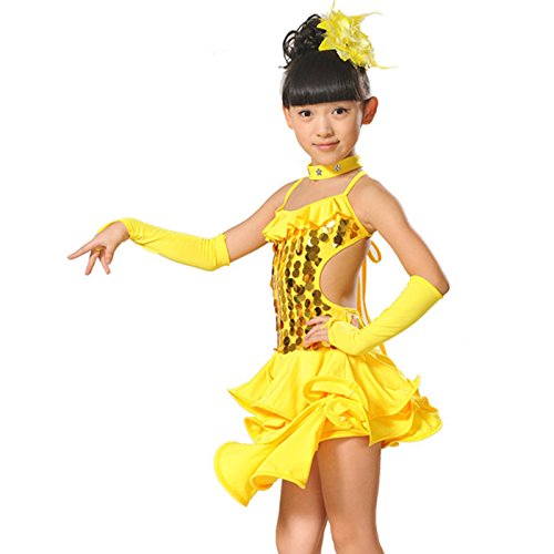 FEOYA - Ropa Baile Latino Niñas Lentujuelas para Danza Deportivo Tango de Gasa - Amarillo - Talla 7 años 125-135cm