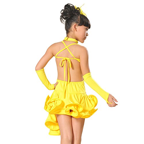 FEOYA - Ropa Baile Latino Niñas Lentujuelas para Danza Deportivo Tango de Gasa - Amarillo - Talla 7 años 125-135cm