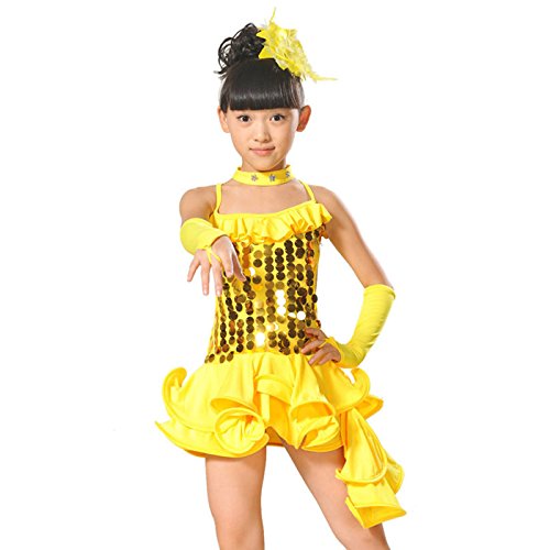 FEOYA - Ropa Baile Latino Niñas Lentujuelas para Danza Deportivo Tango de Gasa - Amarillo - Talla 7 años 125-135cm