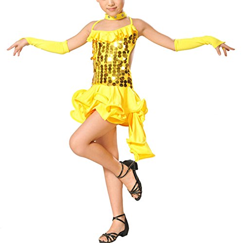 FEOYA - Ropa Baile Latino Niñas Lentujuelas para Danza Deportivo Tango de Gasa - Amarillo - Talla 7 años 125-135cm