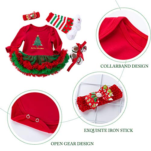FEOYA - (set de 4)Traje de Navidad Tutú de Tutú Recién Nacidos Bebés Niñas Pijama Falda con Mangas Largas Venda de Pelo y Calcetines Zapatos para Fiesta Ceremonia - Navidad Rojo - L(6-12Meses)