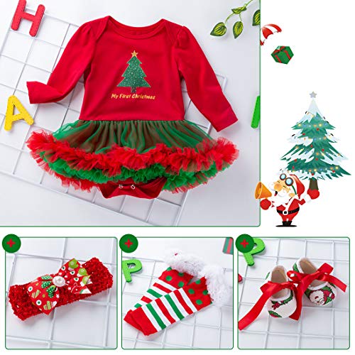 FEOYA - (set de 4)Traje de Navidad Tutú de Tutú Recién Nacidos Bebés Niñas Pijama Falda con Mangas Largas Venda de Pelo y Calcetines Zapatos para Fiesta Ceremonia - Navidad Rojo - L(6-12Meses)