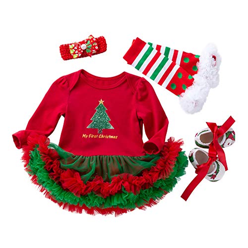 FEOYA - (set de 4)Traje de Navidad Tutú de Tutú Recién Nacidos Bebés Niñas Pijama Falda con Mangas Largas Venda de Pelo y Calcetines Zapatos para Fiesta Ceremonia - Navidad Rojo - L(6-12Meses)