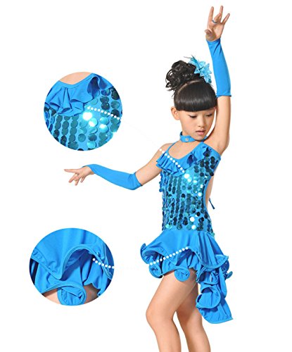 FEOYA - Vestido de Danza Latina Baile de Salón para Niñas con Lentejuelas Brillates - Azul - Talla 4-5 años 105-115cm