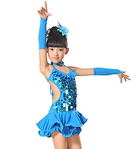 FEOYA - Vestido de Danza Latina Baile de Salón para Niñas con Lentejuelas Brillates - Azul - Talla 4-5 años 105-115cm