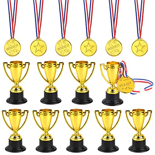 FEPITO 30 Piezas de trofeos de medallas Set 10 Piezas de Trofeo de plástico de Oro y 20 Piezas de medallas ganadoras para Kid Party Sports Awards