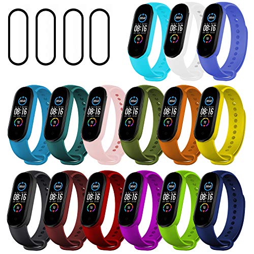 Ferilinso 15 Piezas Correas para Xiaomi Mi Band 5 + 4 Piezas Protector Pantalla, Silicona Pulsera de Recambio Brazalete Extensibles Reemplazo Compatible con Mi Band 5