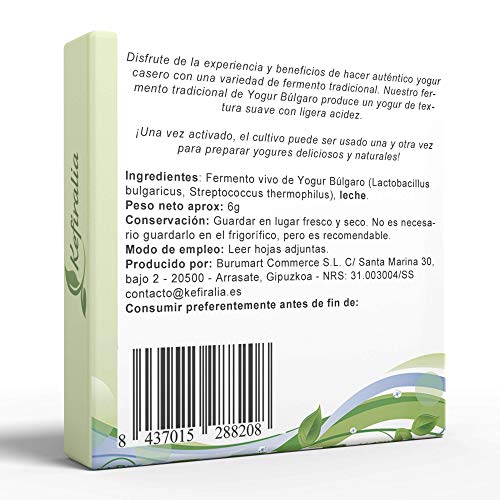 Fermento de Yogur Búlgaro (Reusable de forma ilimitada) + Instrucciones + Recetas + Ayuda y asesoramiento en español - KEFIRALIA®
